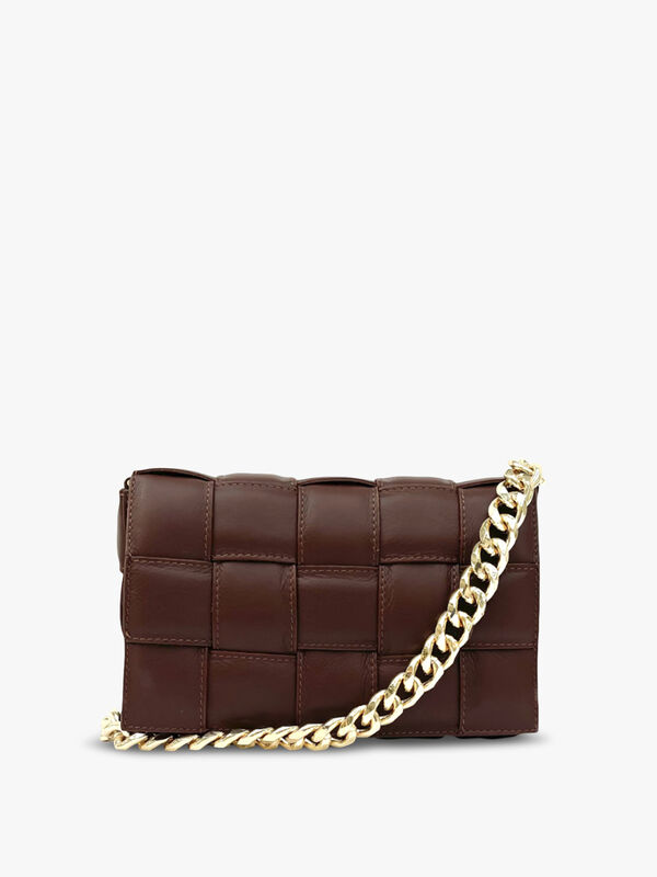 Chestnut Padded Woven Leather Cross-Body Bag With Gold Chain Strap
